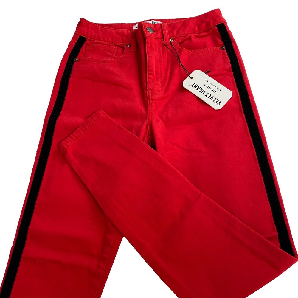NWT Velvet Heart Francescas Hallie Red Black Velvet Racer Stripe Jeans Size 27